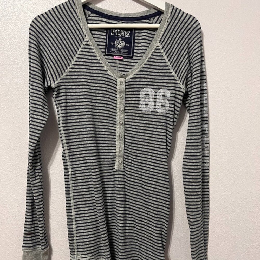 Vintage Victoria's Secret PINK Navy Gray Striped Henley Top Y2K Large